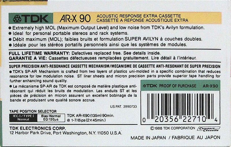 Compact Cassette TDK AR-X 90 "AR-X90" Type I Normal 1988 North America