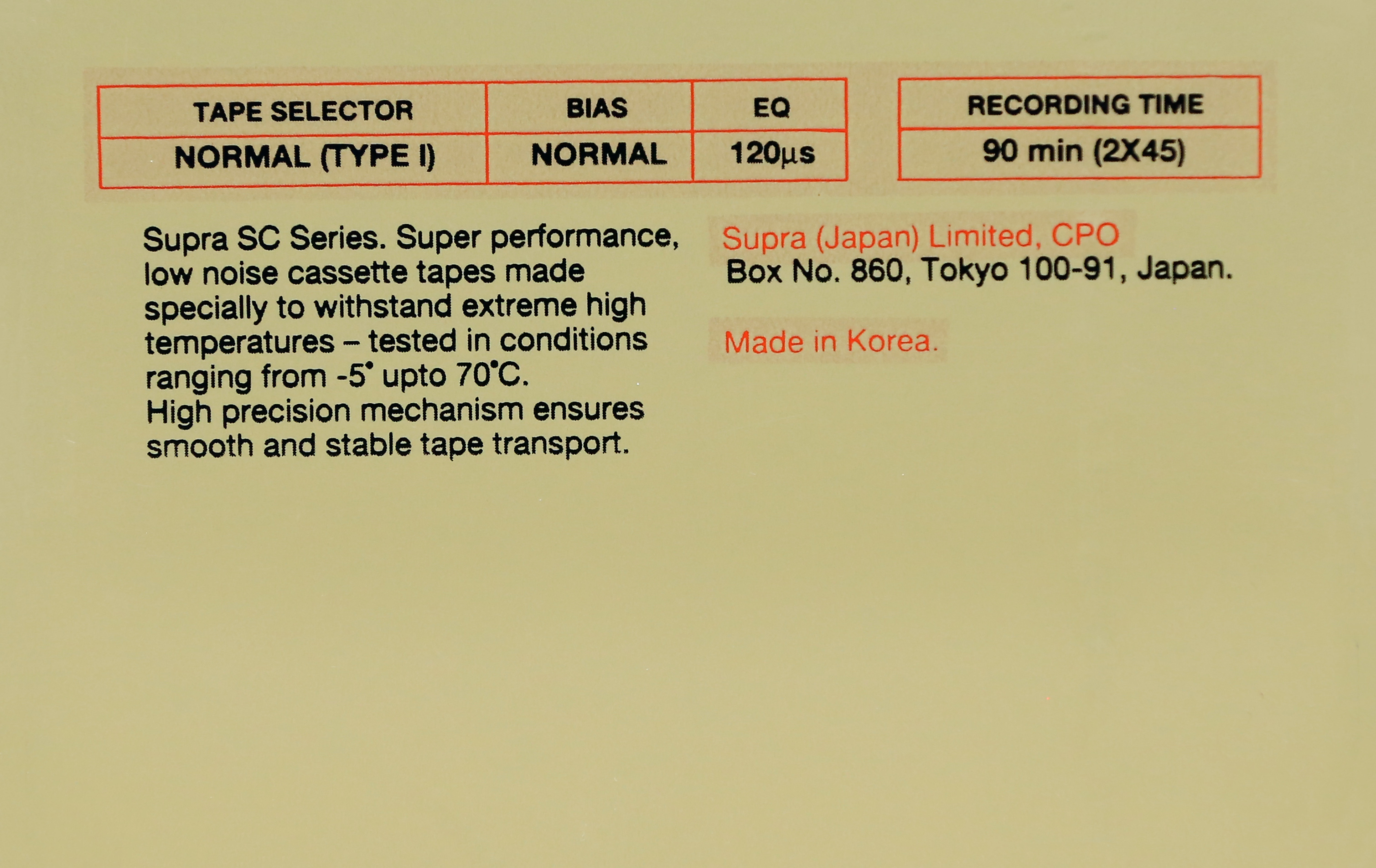Compact Cassette Supra SC 90 Type I Normal 1987 Europe