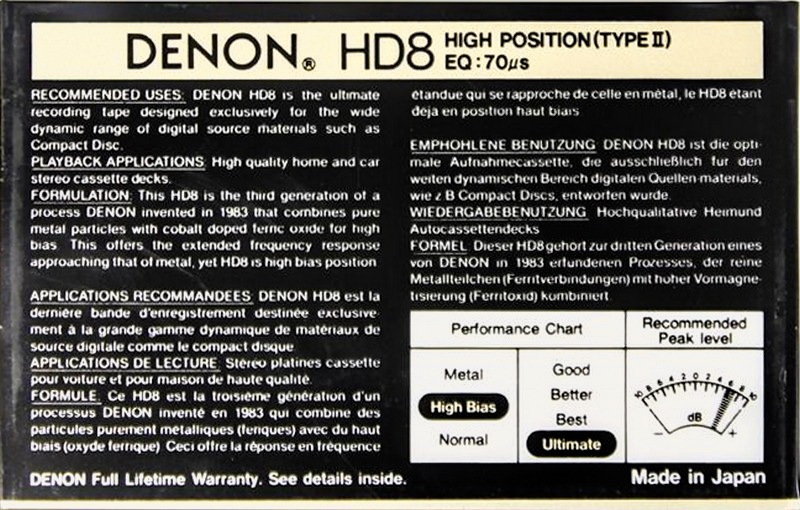 Compact Cassette Denon HD8 100 Type II Chrome 1988 Europe