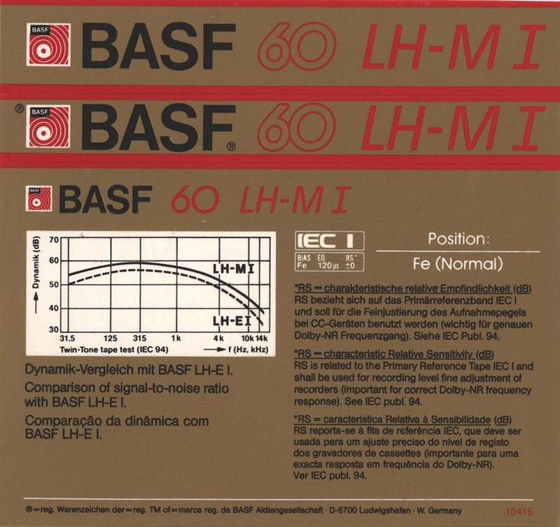 Compact Cassette BASF LH Maxima I 60 "LH-M I" Type I Normal 1985 Germany