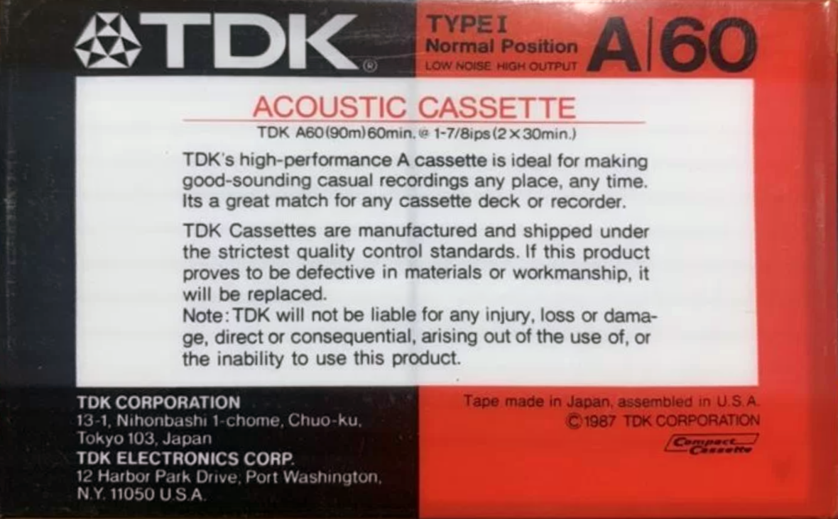 Compact Cassette TDK A 60 Type I Normal 1987 USA