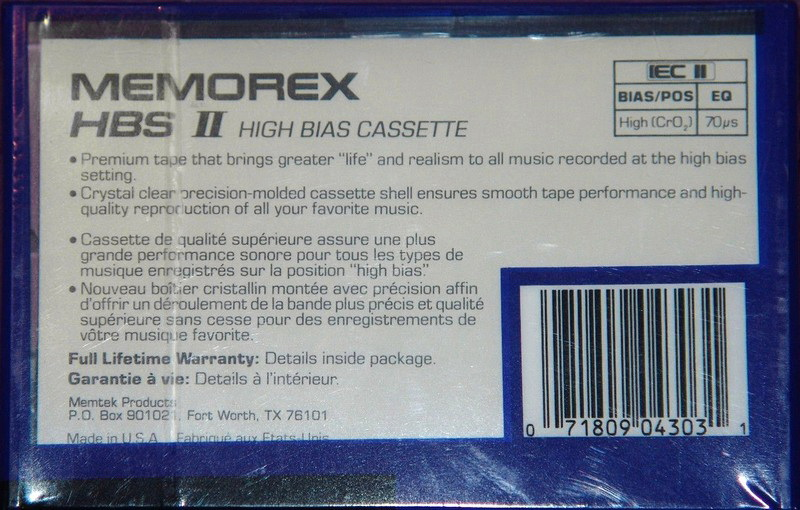 Compact Cassette Memorex HBS II 100 Type II Chrome 1989 North America