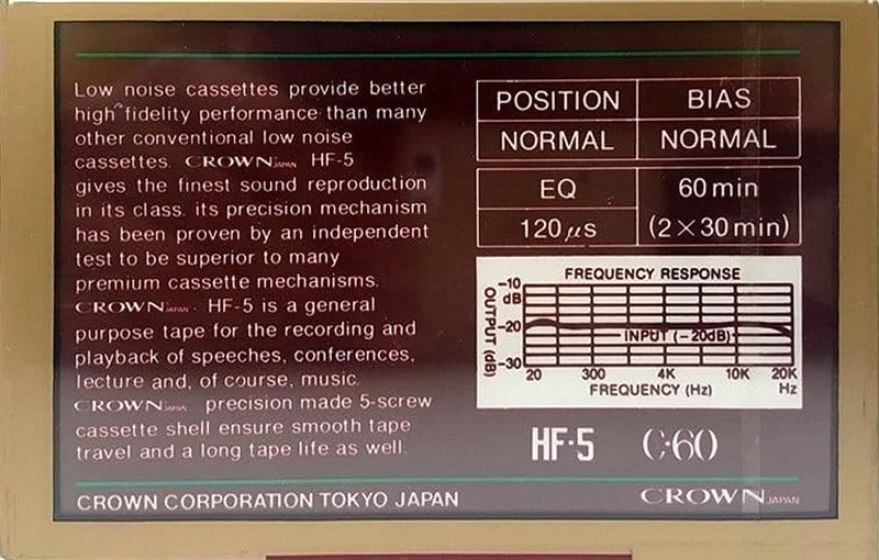 Compact Cassette Crown / Crown Radio Corporation HF-5 60 Type I Normal Europe