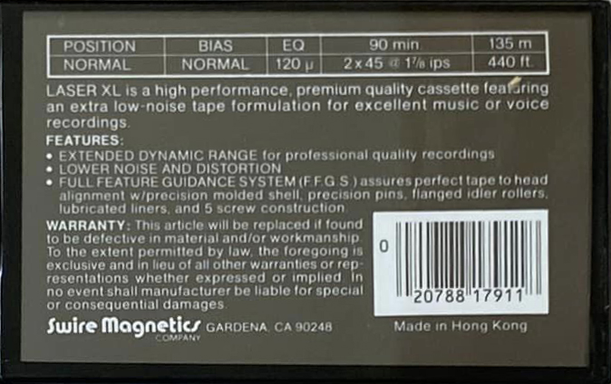 Compact Cassette Laser XL 90 Type I Normal 1983 USA