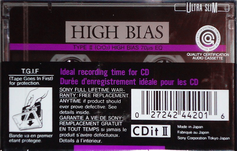 Compact Cassette Sony CDit II 74 Type II Chrome 1990 North America