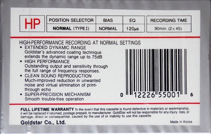 Compact Cassette Goldstar HP 90 Type I Normal 1986 USA