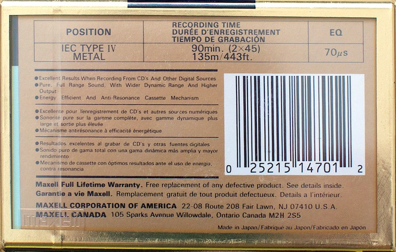 Compact Cassette Maxell MX 90 Type IV Metal 1992 North America