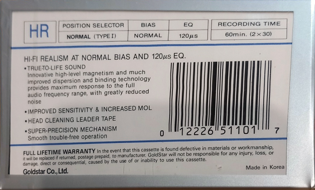 Compact Cassette Goldstar HR 60 Type I Normal 1987 USA