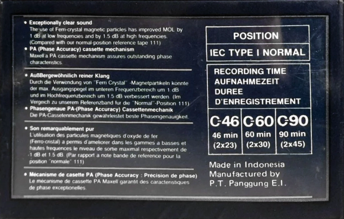 Compact Cassette Maxell UDI / UD1 90 Type I Normal 1987 Europe