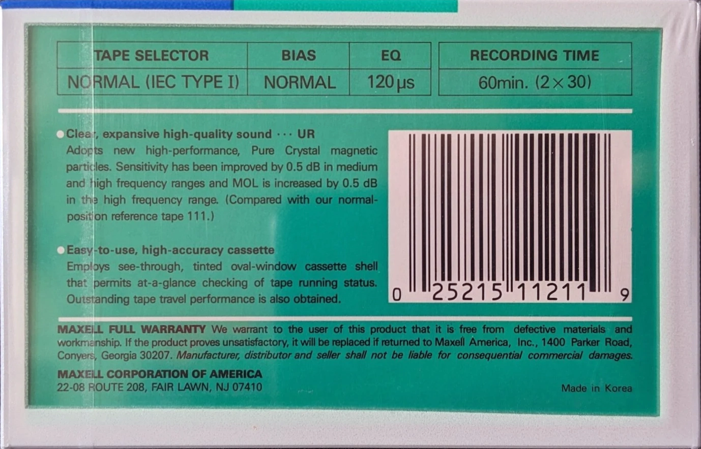 Compact Cassette Maxell UR 60 Type I Normal 1988 USA