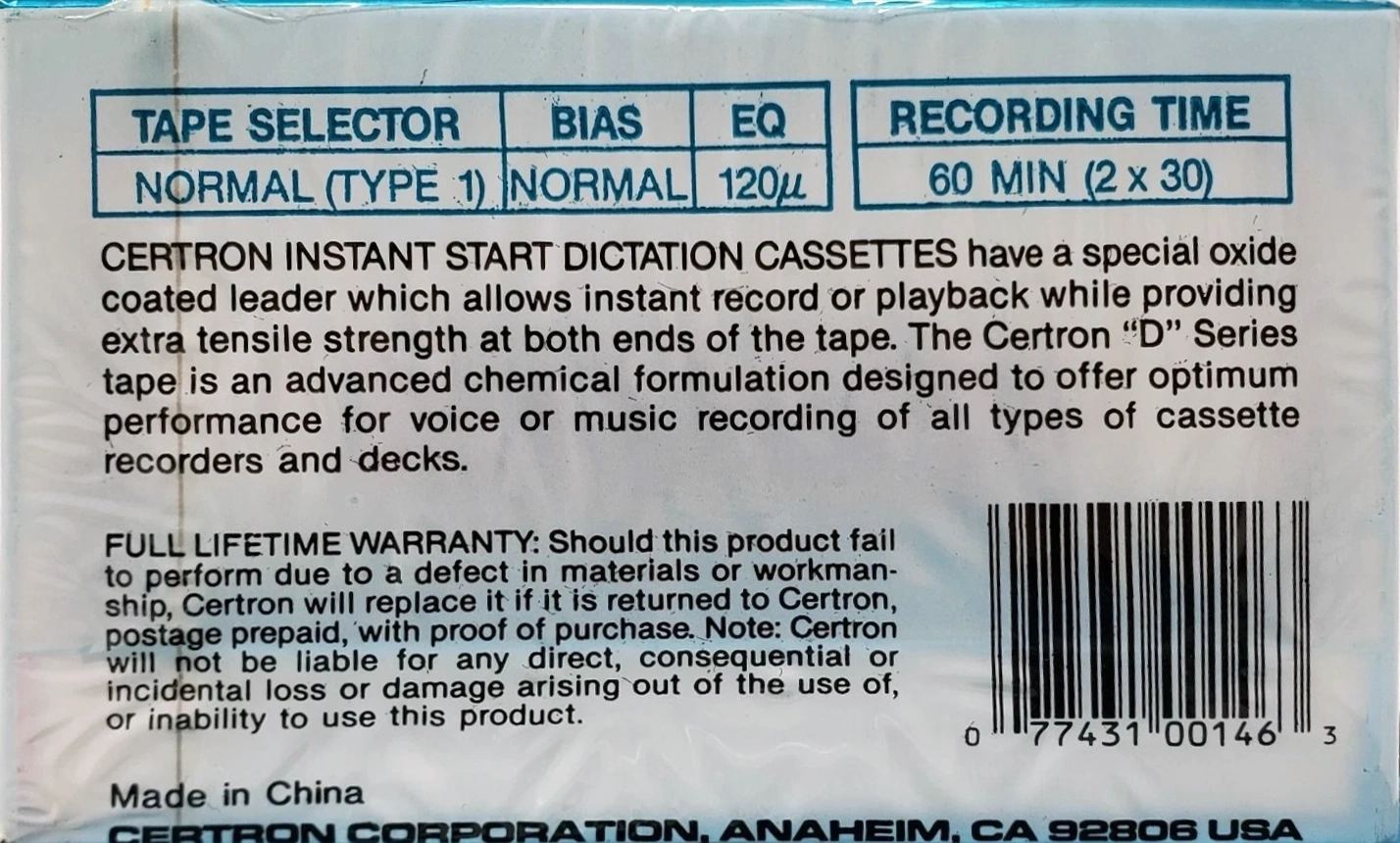 Compact Cassette Certron D / Dictation 60 Type I Normal 1989 USA