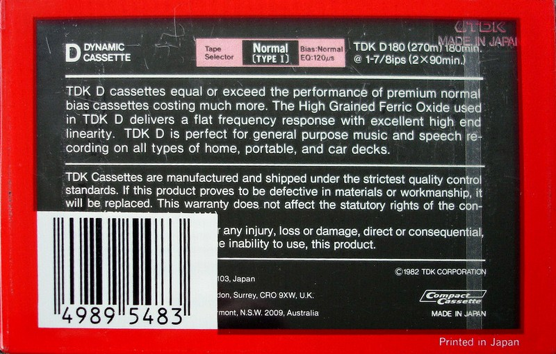 Compact Cassette TDK D 180 Type I Normal 1983 Australia, Europe