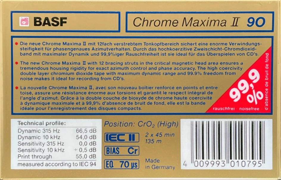Compact Cassette BASF Chrome Maxima II 90 Type II Chrome 1990 Europe
