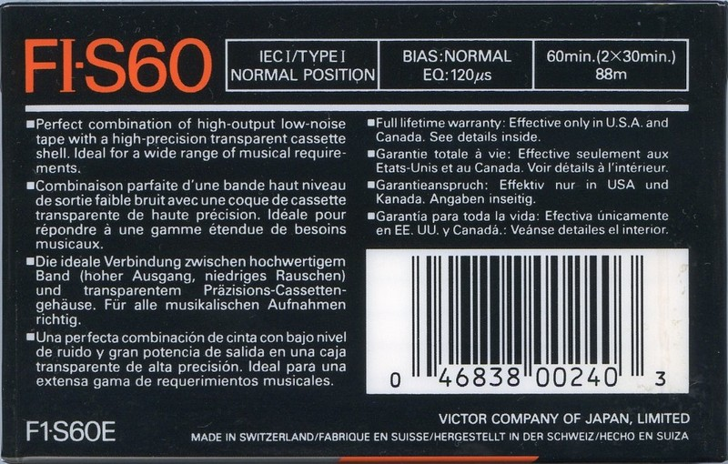 Compact Cassette JVC FI-S 60 "F1-S60E" Type I Normal 1990 North America