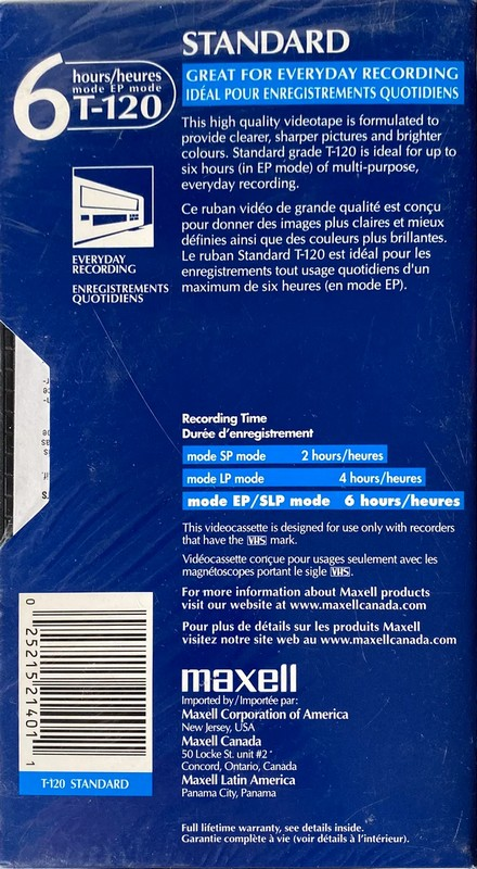 VHS, Video Home System Maxell Standard 120 Type I Normal Latin America, North America