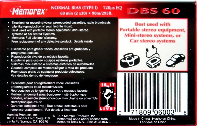 Compact Cassette Memorex dBS 60 Type I Normal 1997 North America