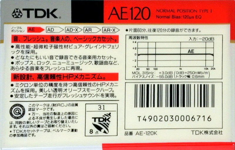 Compact Cassette TDK AE 120 "AE-120K" Type I Normal 1989 Japan