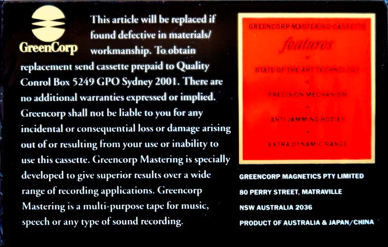 Compact Cassette Greencorp 60 "Mastering" Type I Normal 1997 Australia