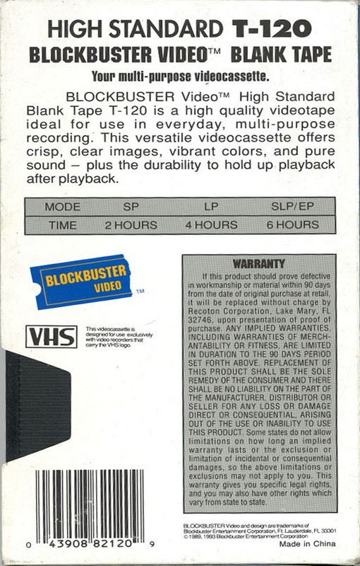 VHS, Video Home System Blockbuster 120 Type I Normal 1993 USA