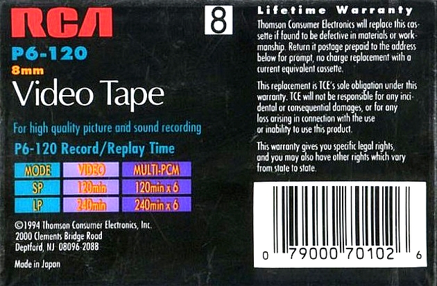 Video8, Hi8, Digital8 RCA 120 Type IV Metal 1994 USA