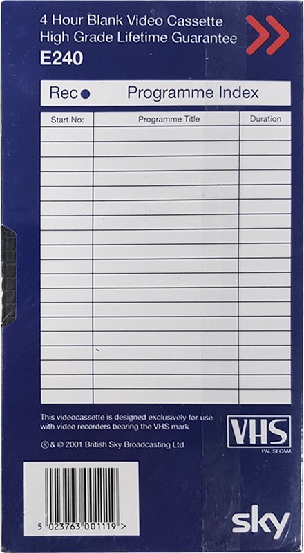 VHS, Video Home System Sky HG 240 Type I Normal 2001 UK