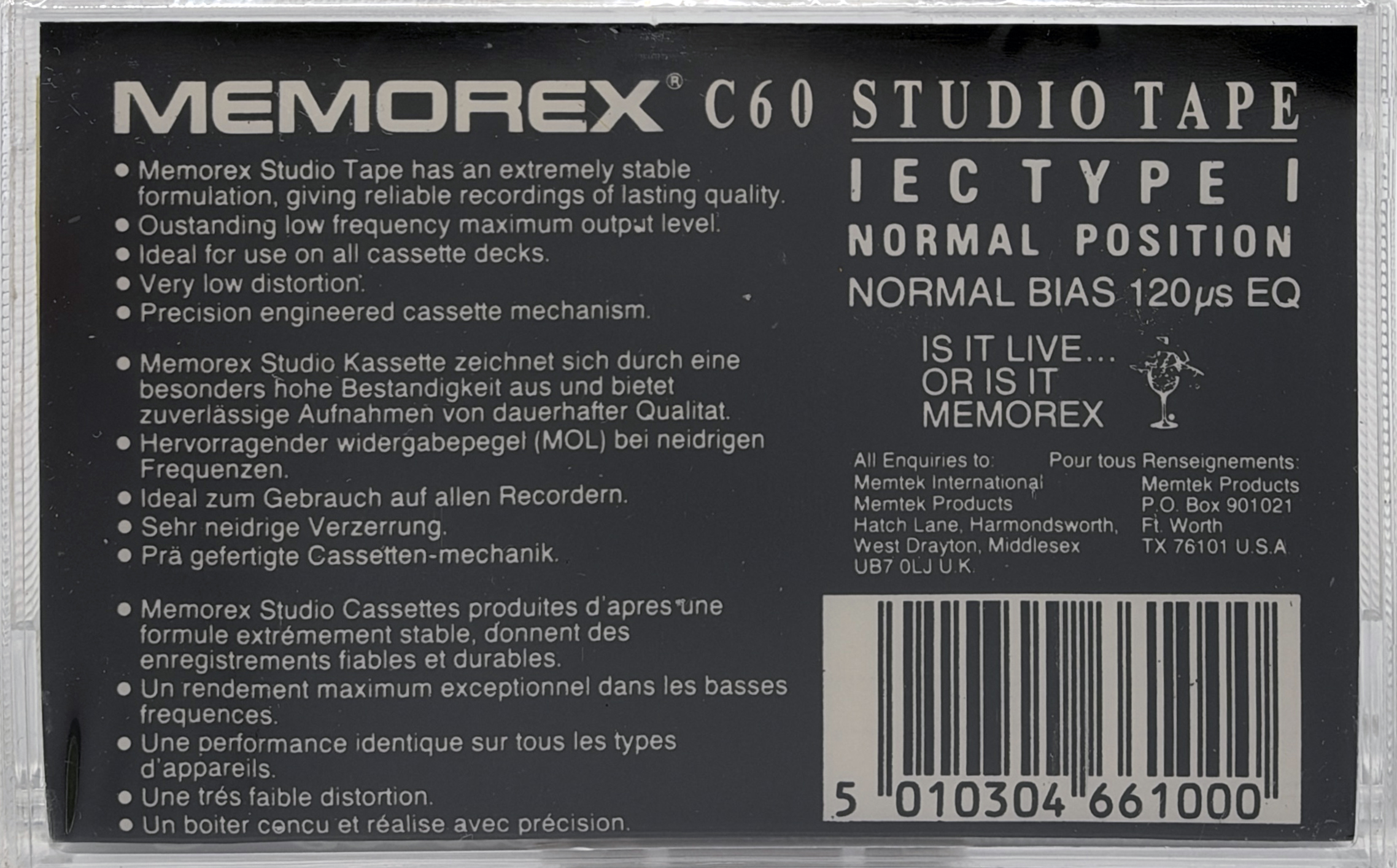 Compact Cassette Memorex Studio 60 Type I Normal 1987 Europe