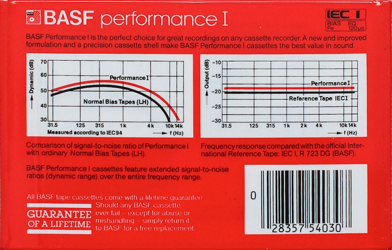 Compact Cassette BASF Performance I 90 "PERF I" Type I Normal 1982 USA