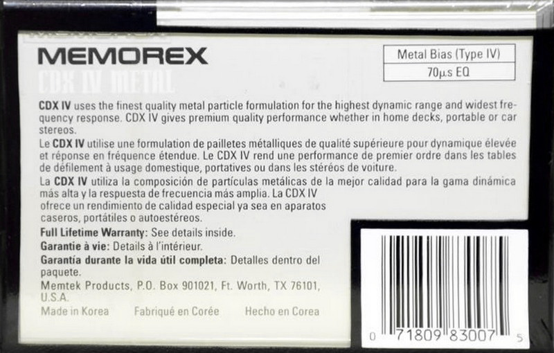 Compact Cassette Memorex CDX IV 110 Type IV Metal 1993 Canada, USA