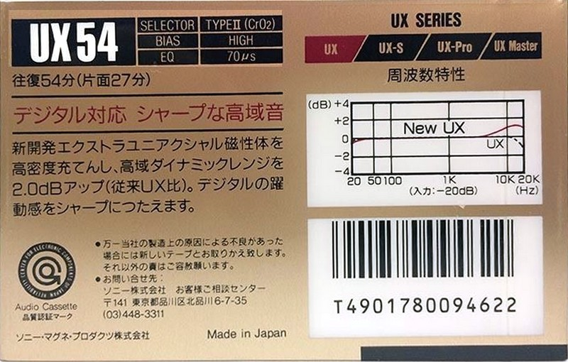 Compact Cassette Sony UX 54 Type II Chrome 1989 Japan