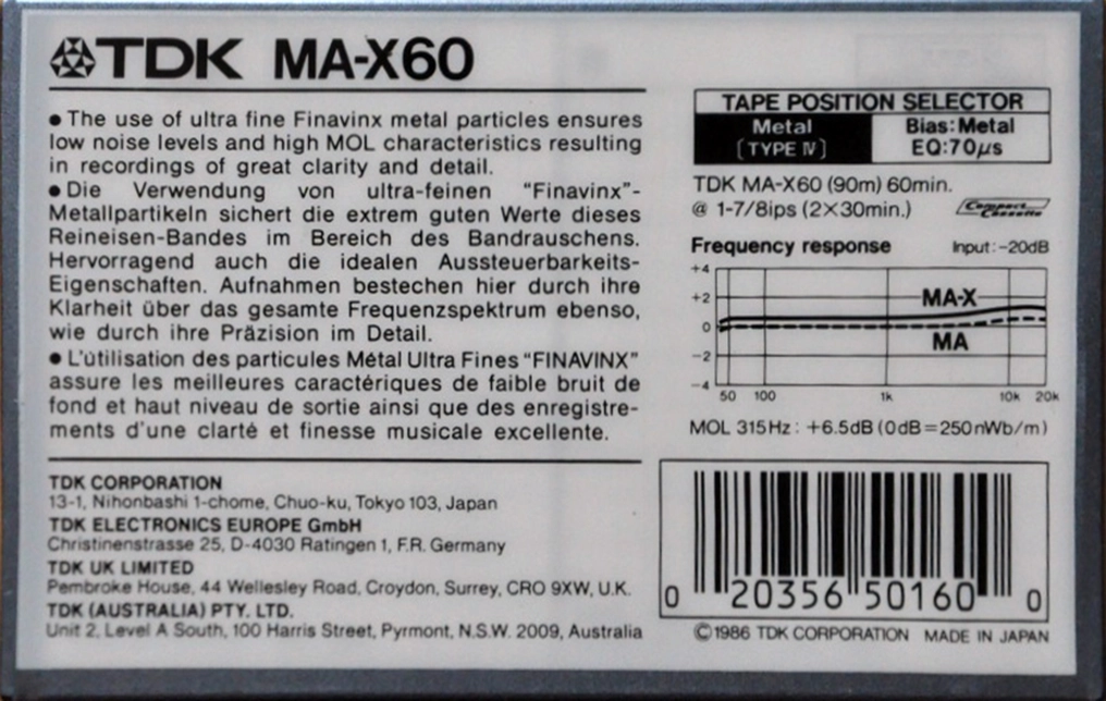 Compact Cassette TDK MA-X 60 Type I Normal 1986 Worldwide