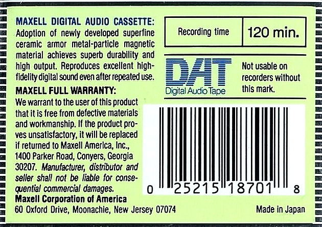 Digital Audio Tape Maxell 120 "R-120DM" Type IV Metal 1987 USA