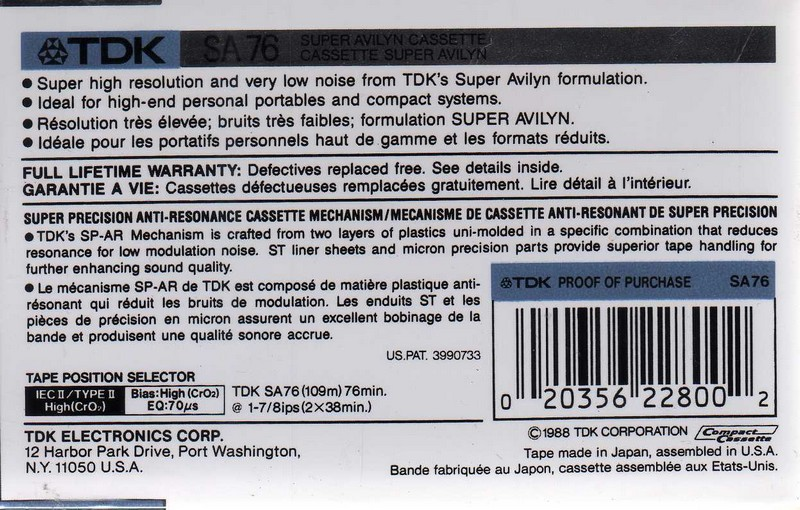 Compact Cassette TDK SA 76 Type II Chrome 1988 North America