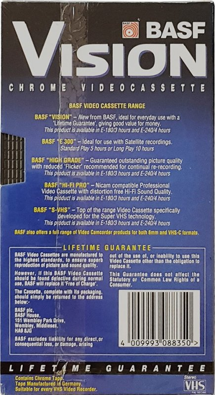 VHS, Video Home System BASF Vision 195 Type II Chrome 1996 UK