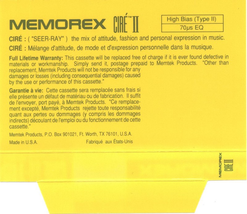 Compact Cassette Memorex Cire II 110 Type II Chrome 1991 Canada, USA