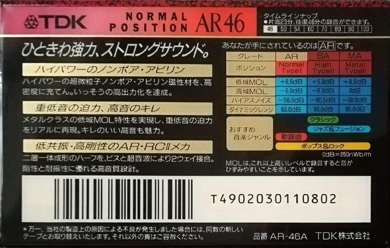Compact Cassette TDK AR 46 "AR-46A" Type I Normal 1993 Japan