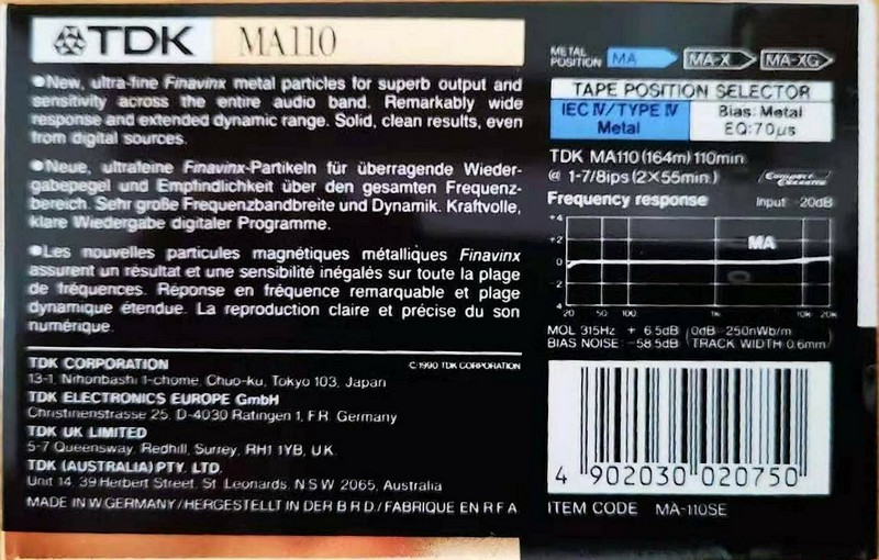 Compact Cassette TDK MA 110 "MA-110SE" Type IV Metal 1990 Europe